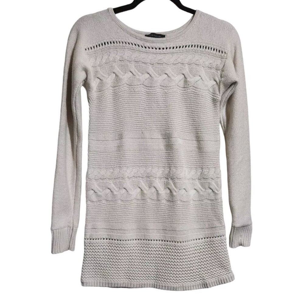 Ann Taylor Womans Cable Knit Fishermans Sweater Sz Small Ivory Virgen Wool Blend